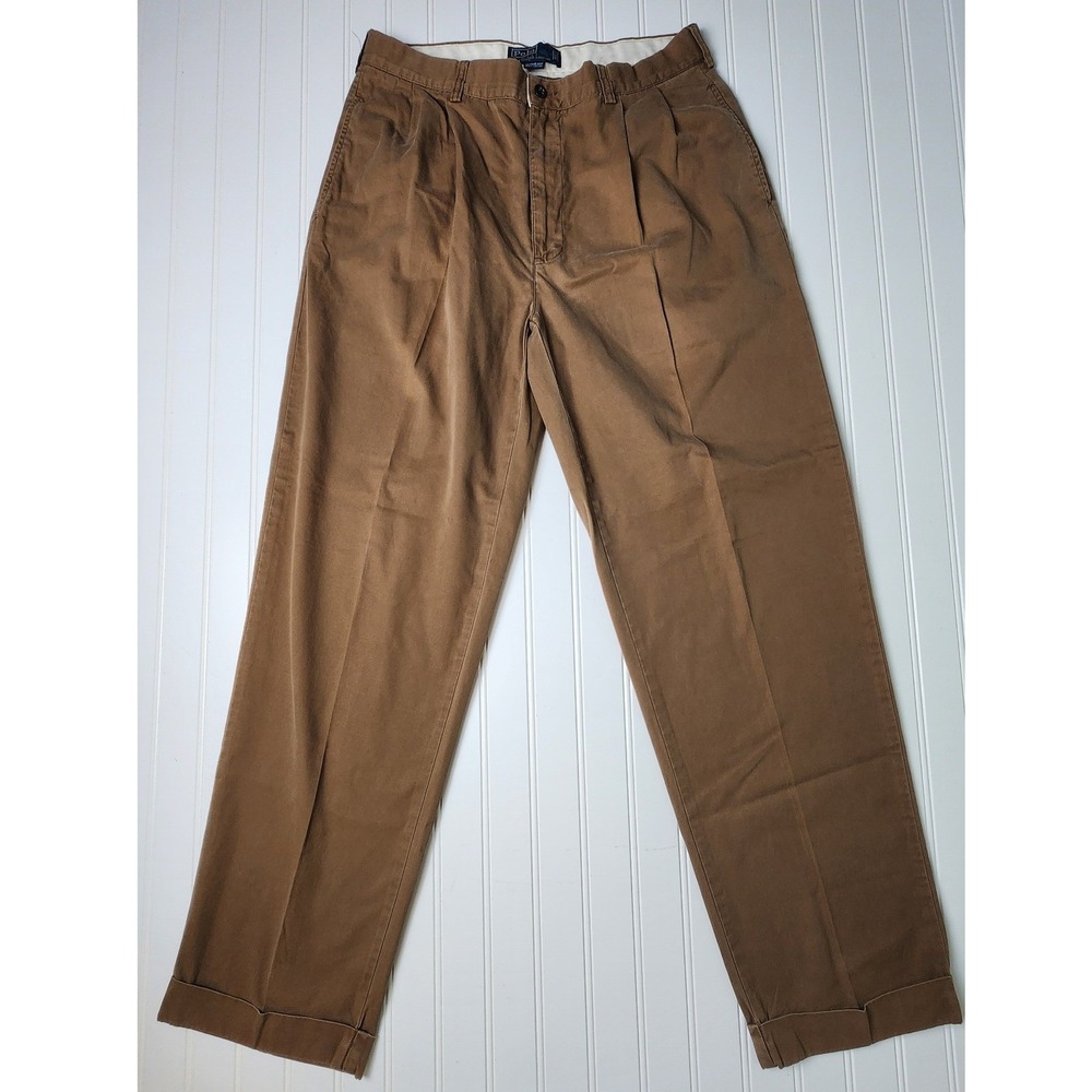 Polo Ralph Lauren Hammond Pant Mens 34/32 Brown Pleated Cuffed Chino Trousers